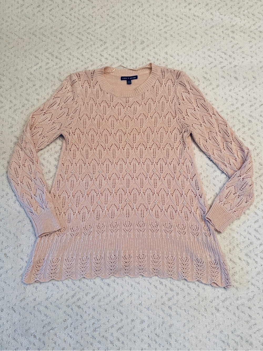 Cable Gauge Soft Girl Pink Open Knit Sweater Size Medium Pearls Coquette Fairy